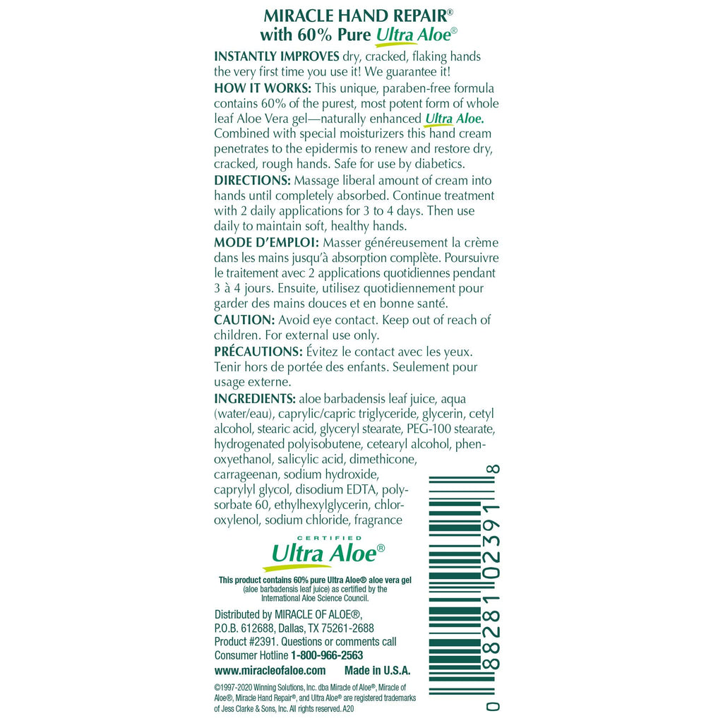 Miracle Hand Repair Cream 32 oz – 60% UltraAloe Gel | Non-Greasy, Fast-Absorbing Hand Moisturizer