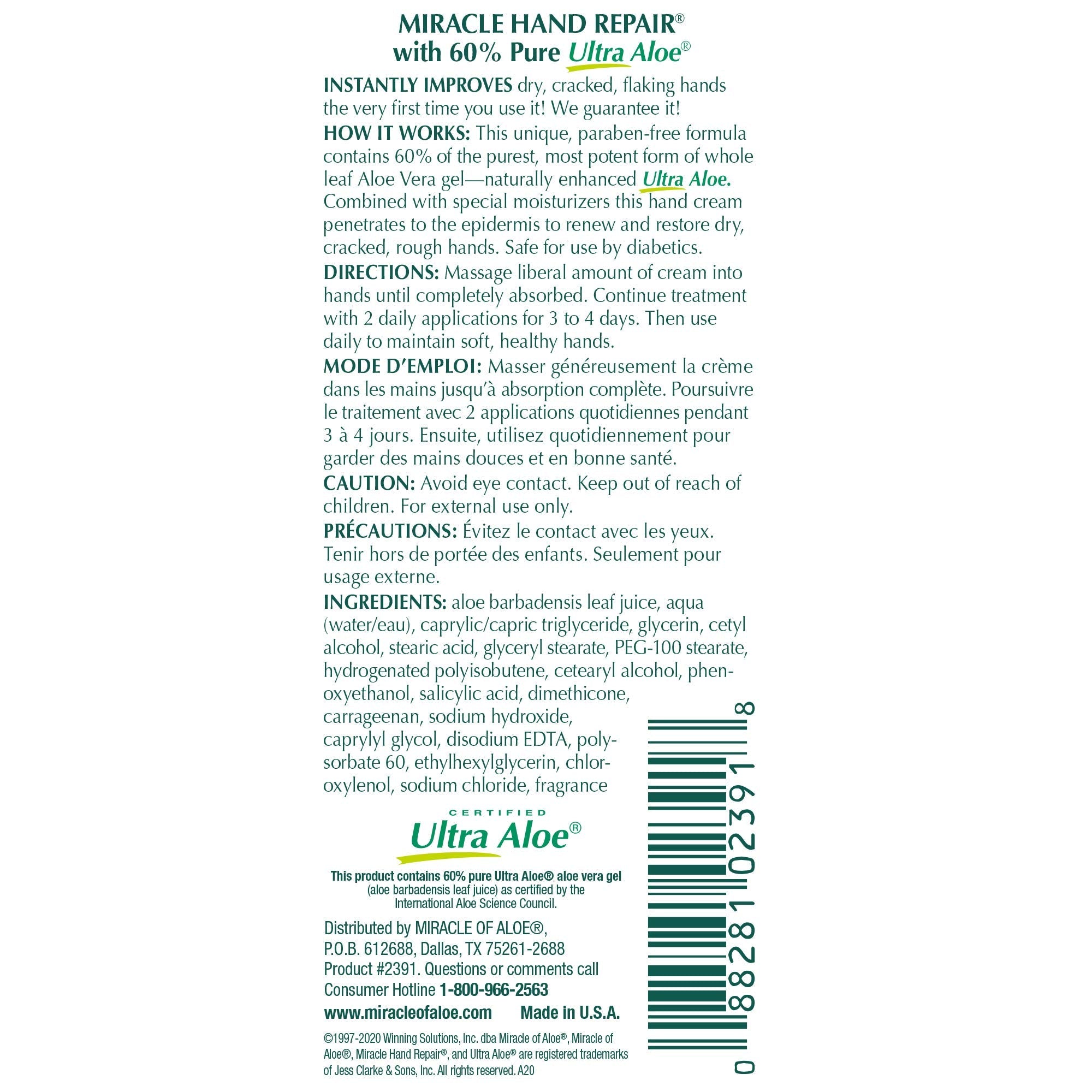 Miracle Hand Repair Cream 32 oz – 60% UltraAloe Gel | Non-Greasy, Fast-Absorbing Hand Moisturizer