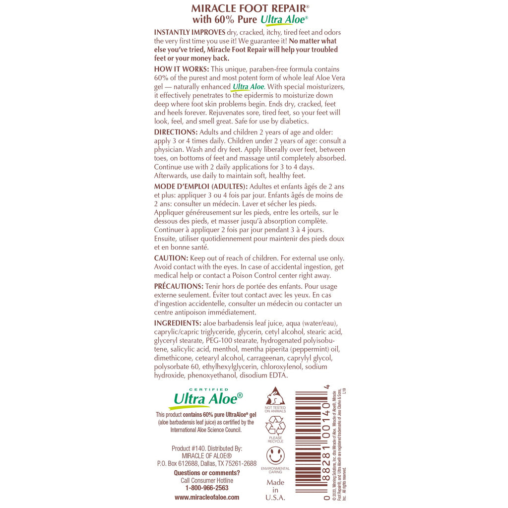 Miracle Foot Repair Cream 8 oz + Miracle Hand Repair 1 oz | UltraAloe Aloe Vera Lotions by Miracle of Aloe