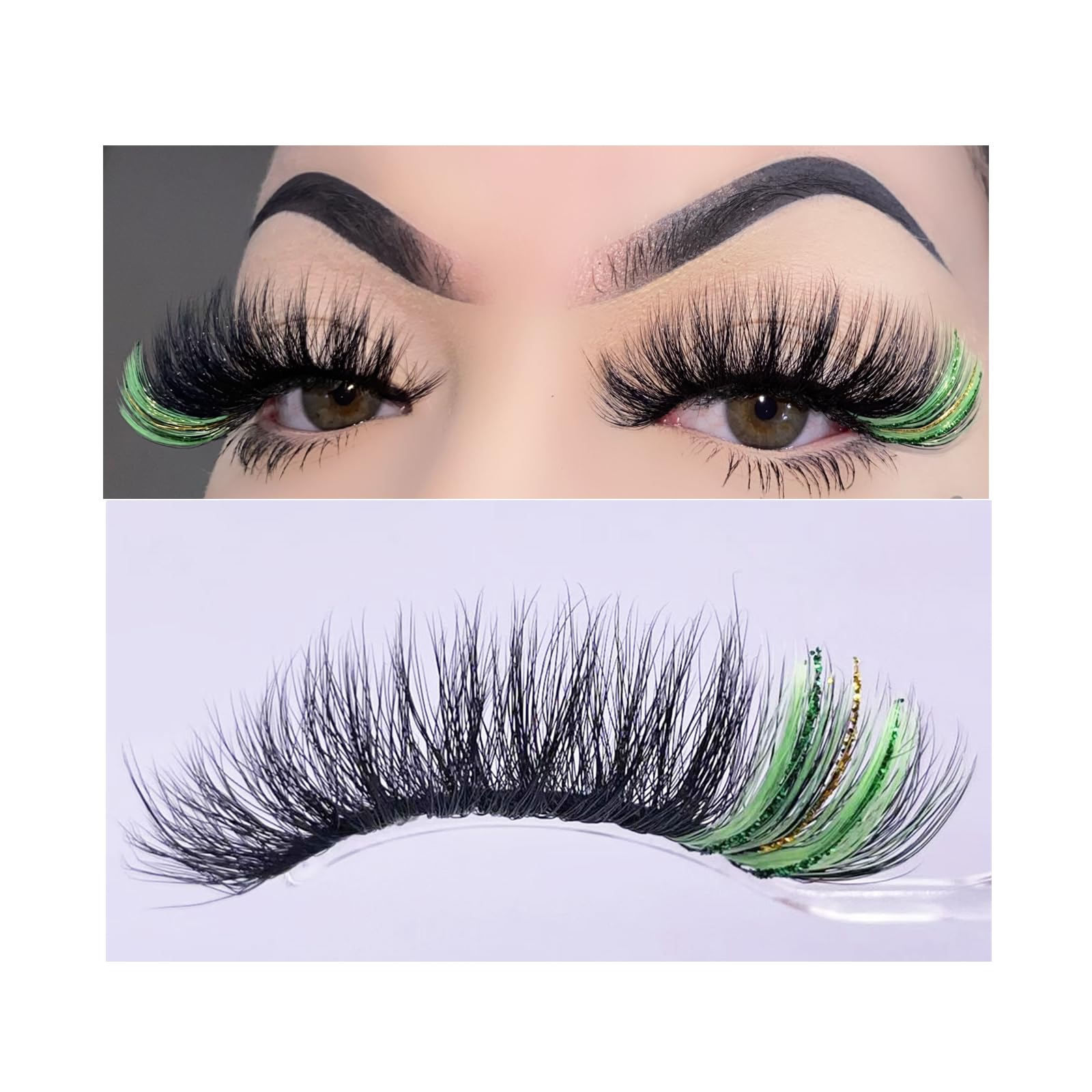 Miss Kiss Black Eyelashes with Green Glitter End | Faux Mink Lash Strip for Festival & Party