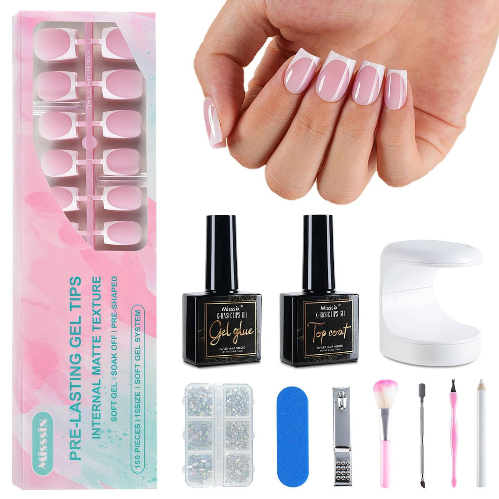 Misssix French Tip Press On Nails – 150Pcs Short Square Pink & White Gel Kit | DIY Nail Art Starter