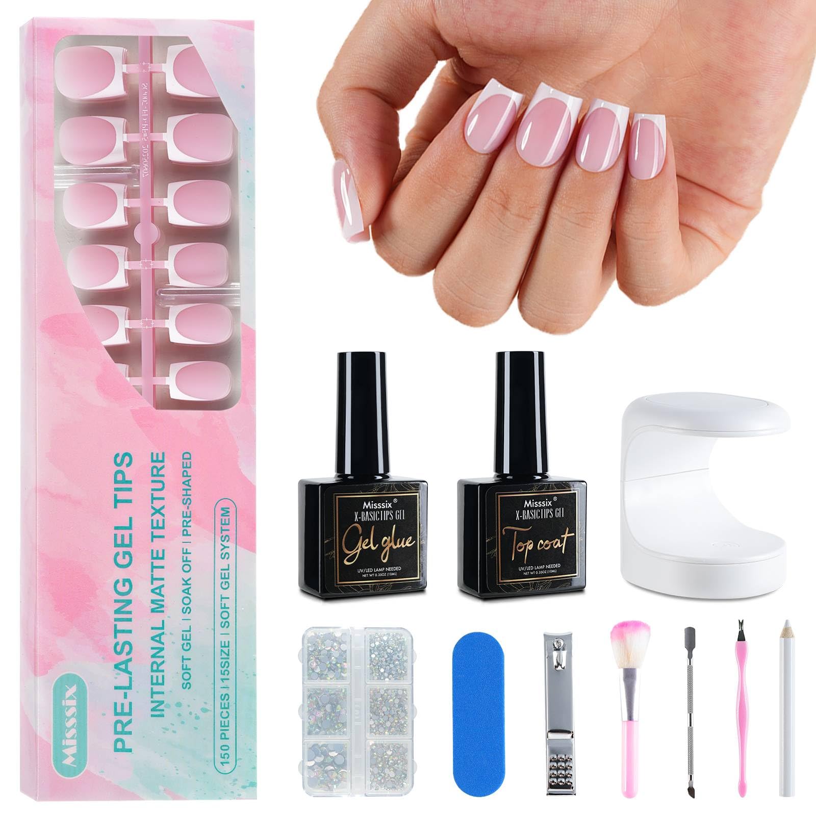Misssix French Tip Press On Nails – 150Pcs Short Square Pink & White Gel Kit | DIY Nail Art Starter