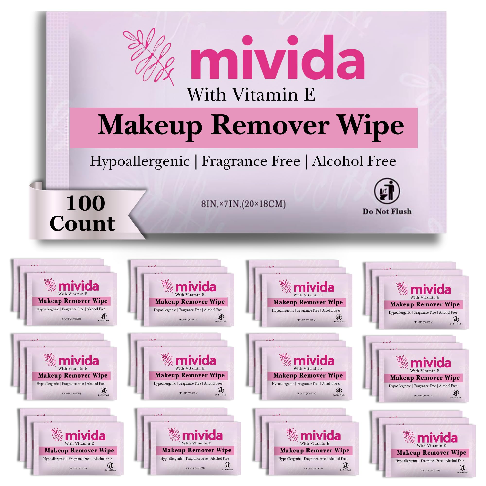 mivida 100 Count Individually Wrapped Makeup Remover Wipes with Vitamin E | Fragrance-Free, Alcohol-Free, Hypoallergenic
