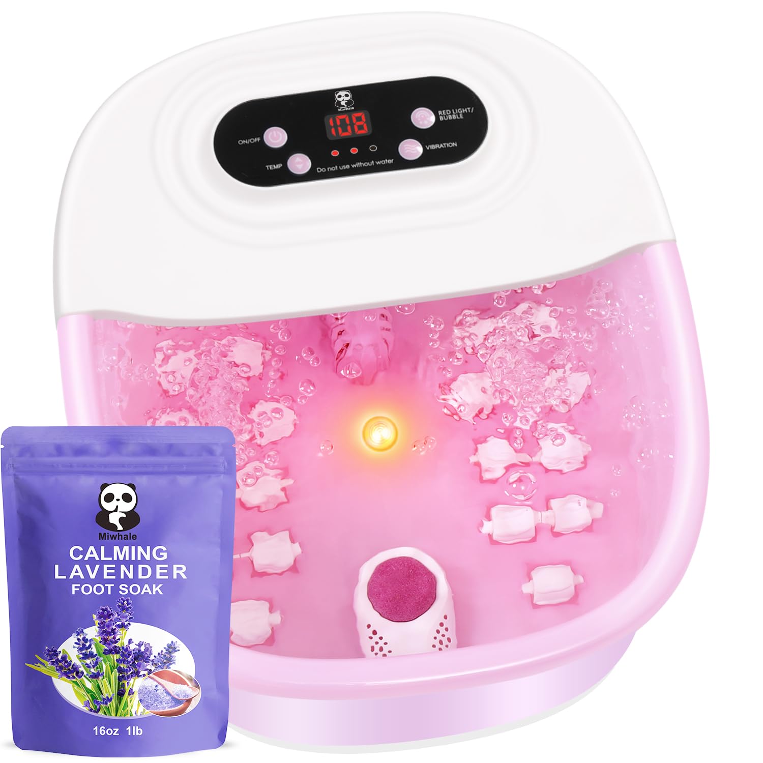 Miwhale Foot Spa Bath Massager — Heat, Bubbles, Vibration, Infrared Light | 16 oz Lavender Soak (Pink)