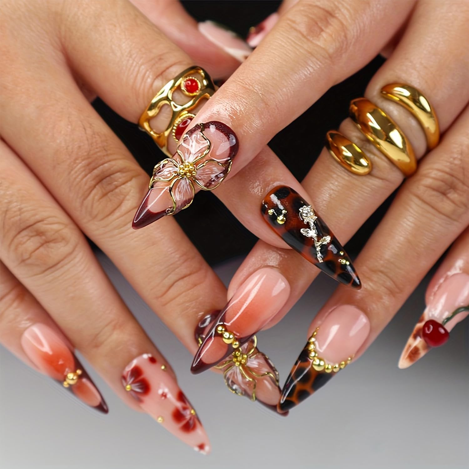 MIXFOSAHN Handmade Press-On Nails – Medium Almond Leopard with 3D Gold Flowers