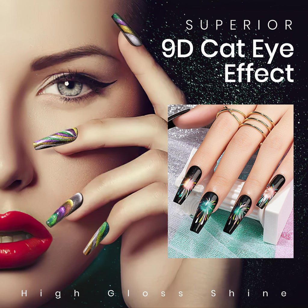 MIZHSE Cat Eye Gel Nail Polish Set - 8 Colors + Magnet Stick | 9D Cat Eye & Holographic Glitter