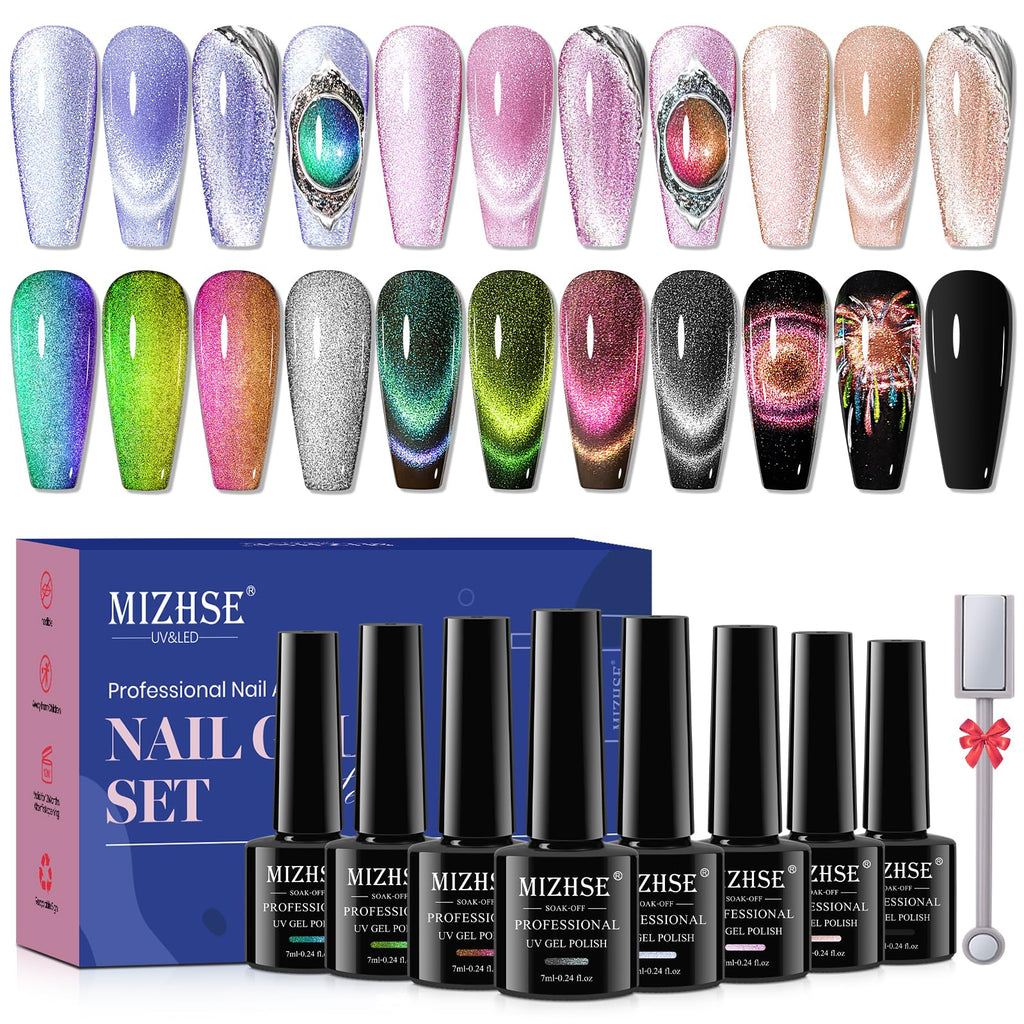 MIZHSE Cat Eye Gel Nail Polish Set - 8 Colors + Magnet Stick | 9D Cat Eye & Holographic Glitter