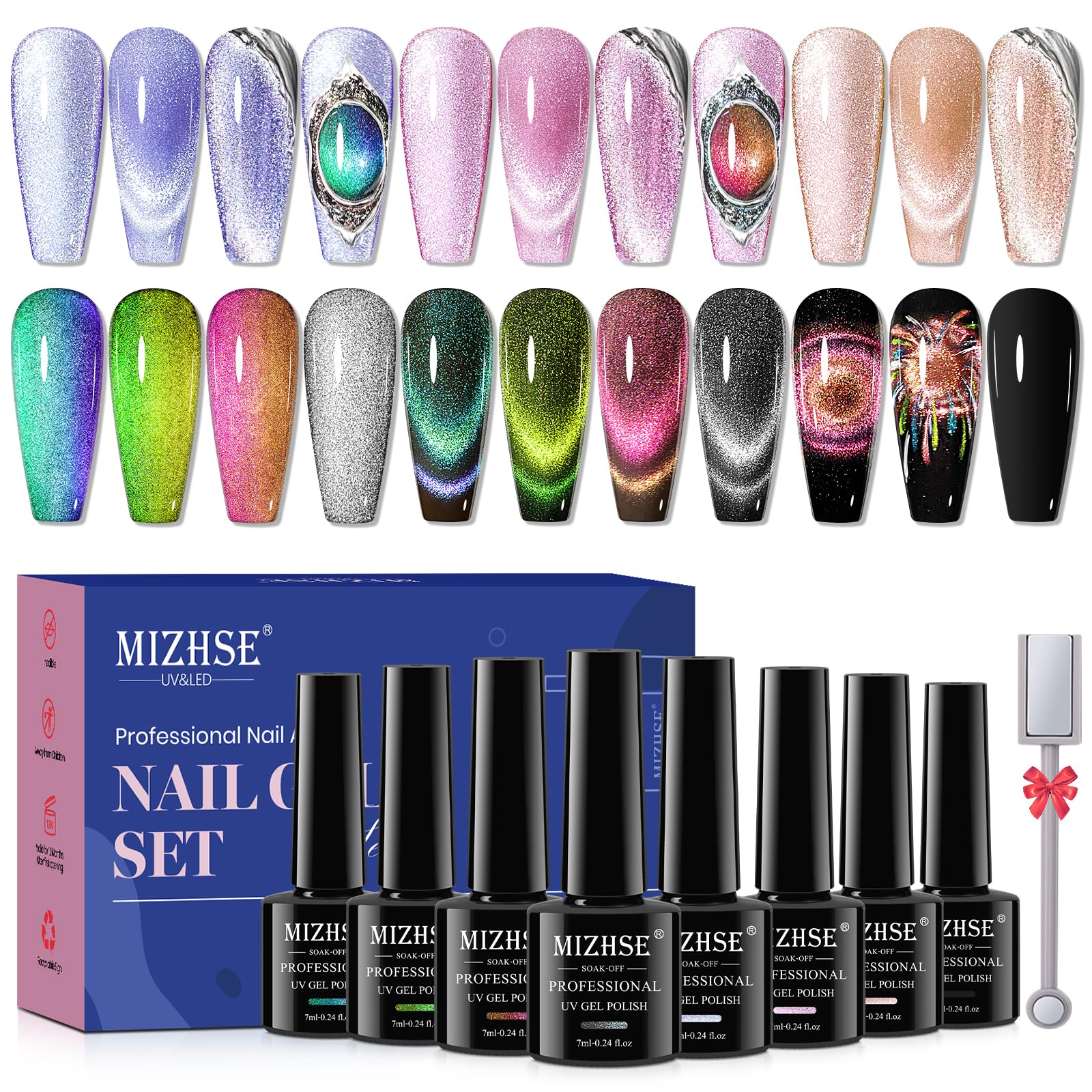 MIZHSE Cat Eye Gel Nail Polish Set - 8 Colors + Magnet Stick | 9D Cat Eye & Holographic Glitter