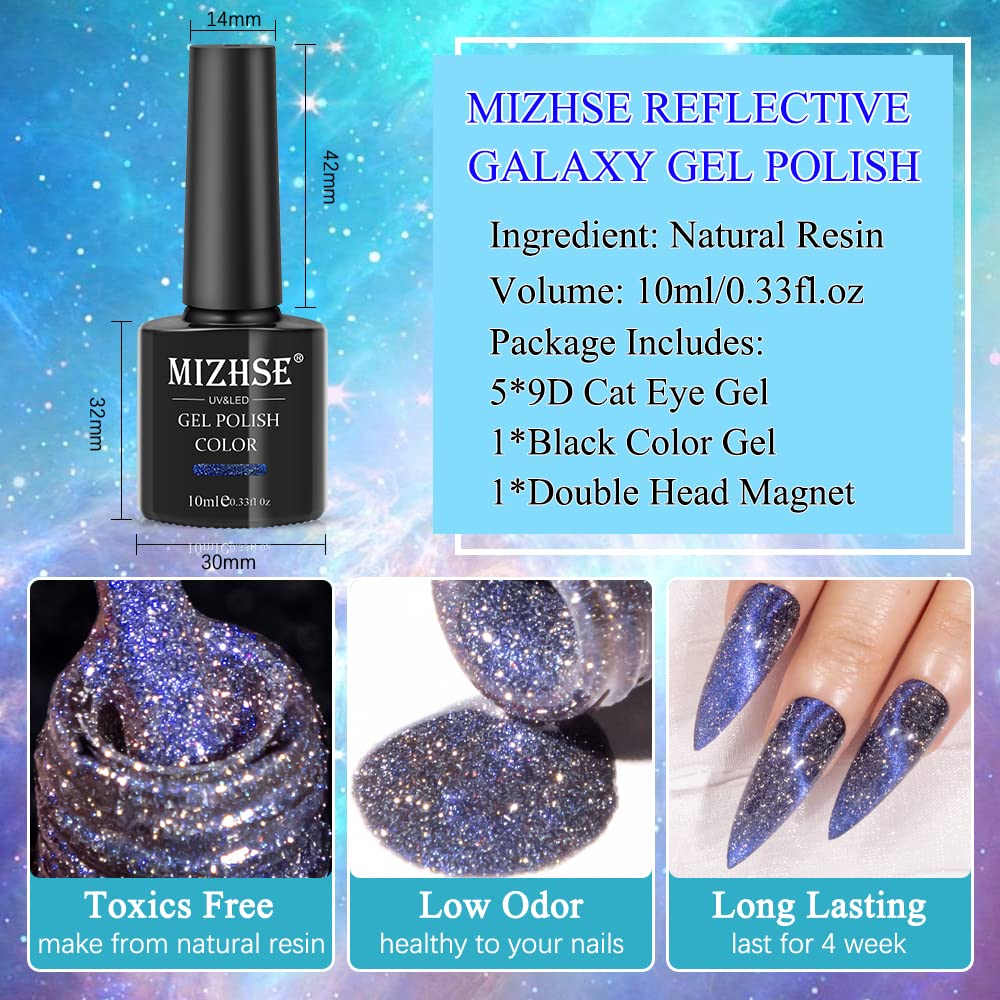 MIZHSE Reflective Glitter 9D Cat Eye Gel Nail Polish Set with Magnet – Galaxy Shimmer