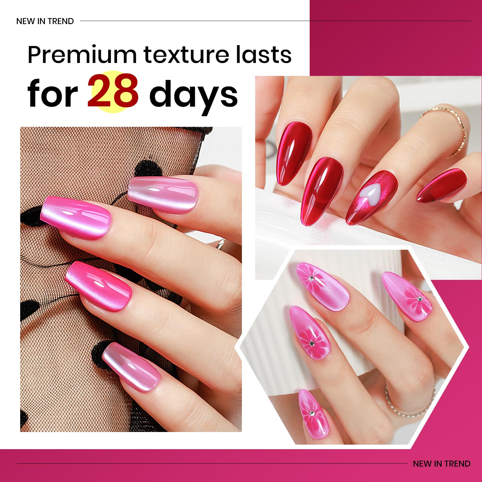 MIZHSE Cat Eye Gel Nail Polish Set – Pink Magnetic Gel Polish with Magnet Stick, Neon Hot Pink Gloss
