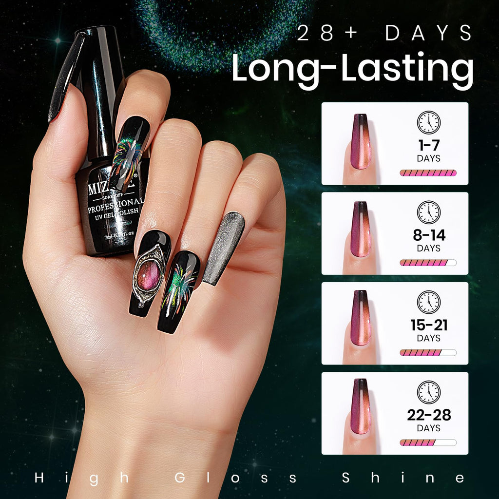 MIZHSE Cat Eye Gel Nail Polish Set - 8 Colors + Magnet Stick | 9D Cat Eye & Holographic Glitter
