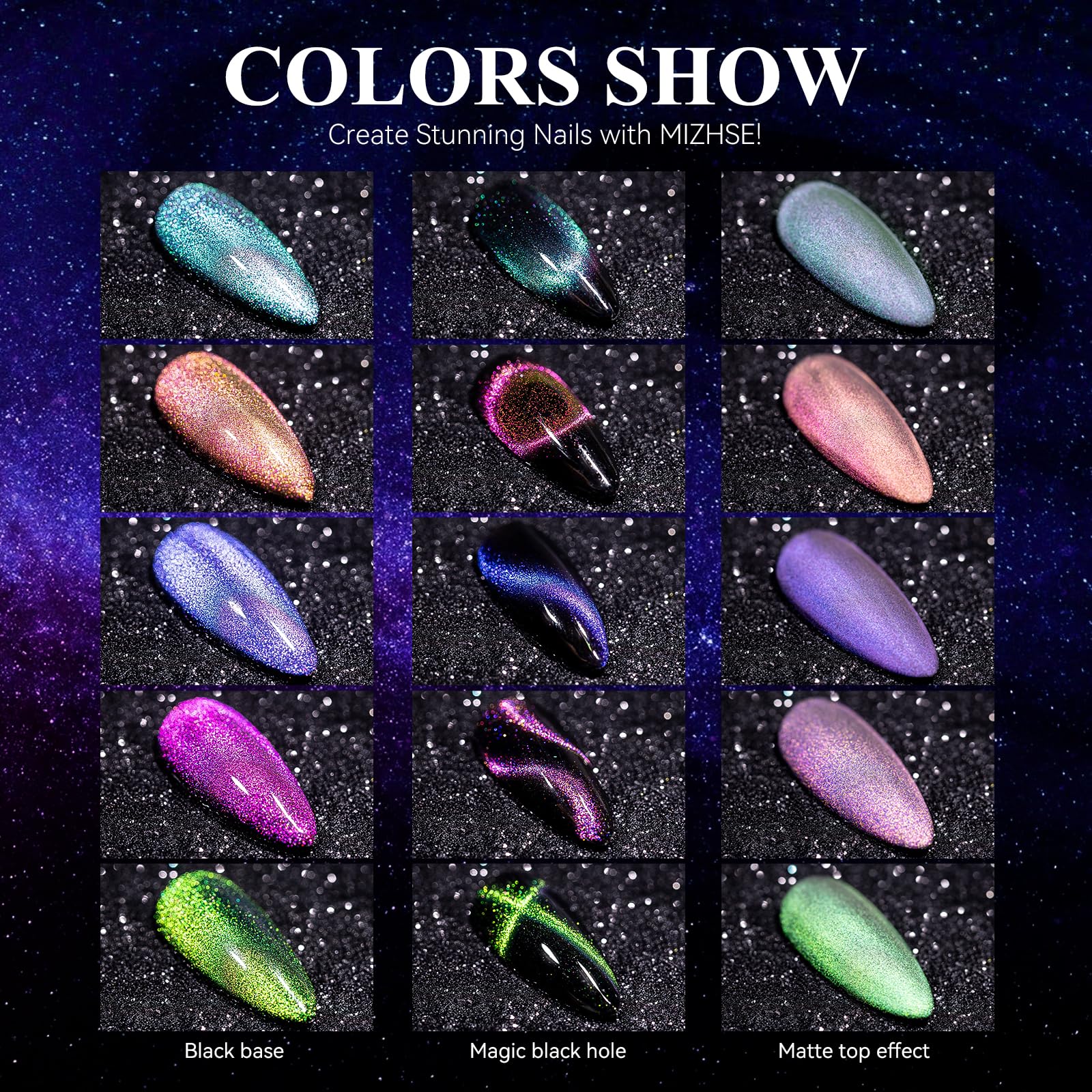 MIZHSE 60ml 9D Cat Eye Gel Nail Polish Kit – Magnetic Galaxy Effect with Black Base Coat & 2 Magnet Sticks