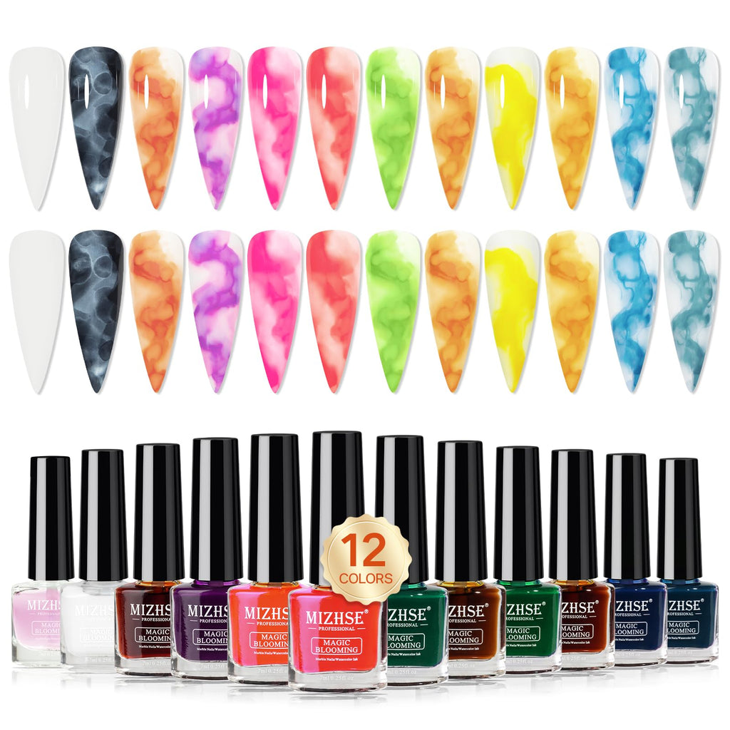 MIZHSE Marble Ink for Nails - 12-Color Blooming Marble Gel Nail Polish Set for At-Home Manicure