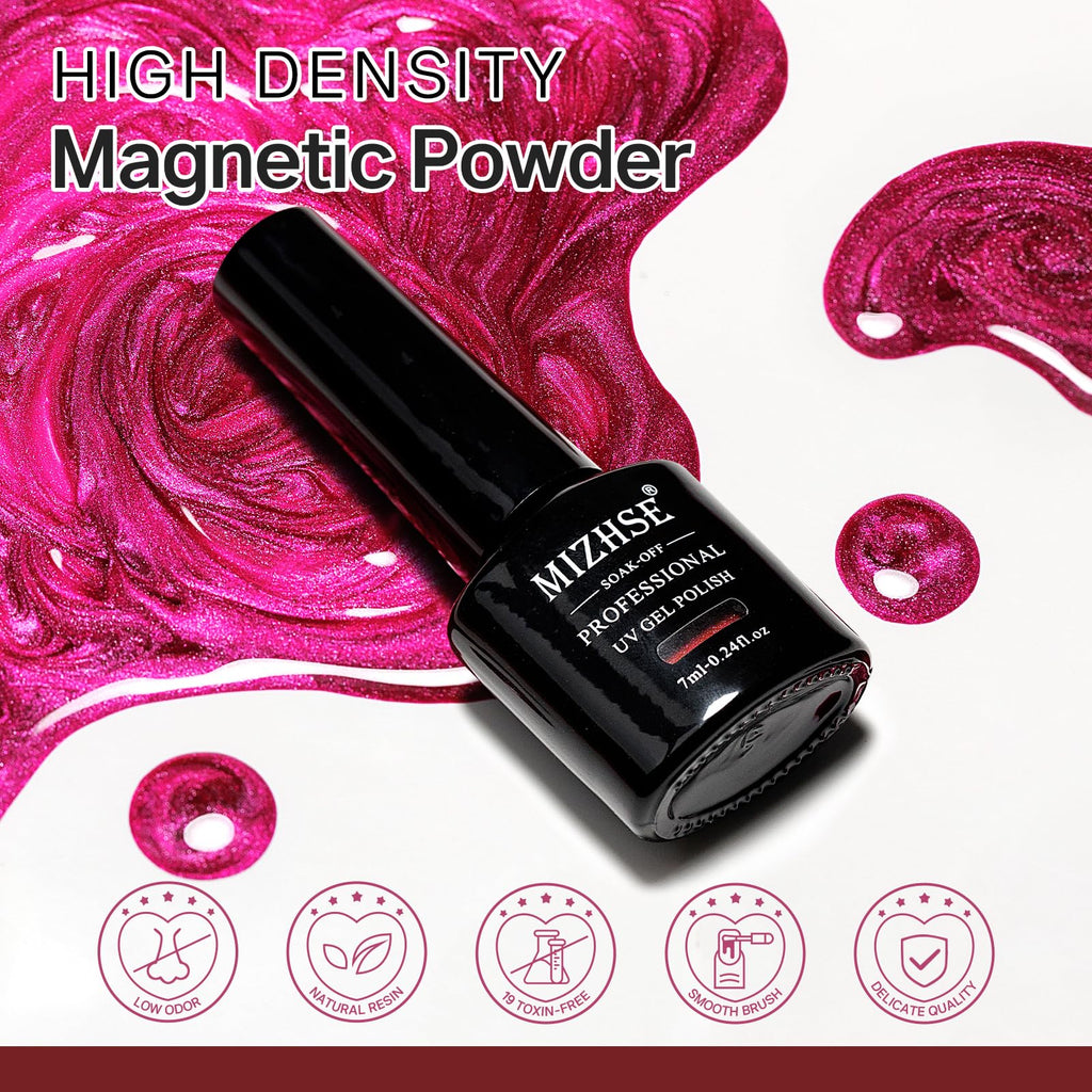 MIZHSE Cat Eye Gel Nail Polish Set – Pink Magnetic Gel Polish with Magnet Stick, Neon Hot Pink Gloss