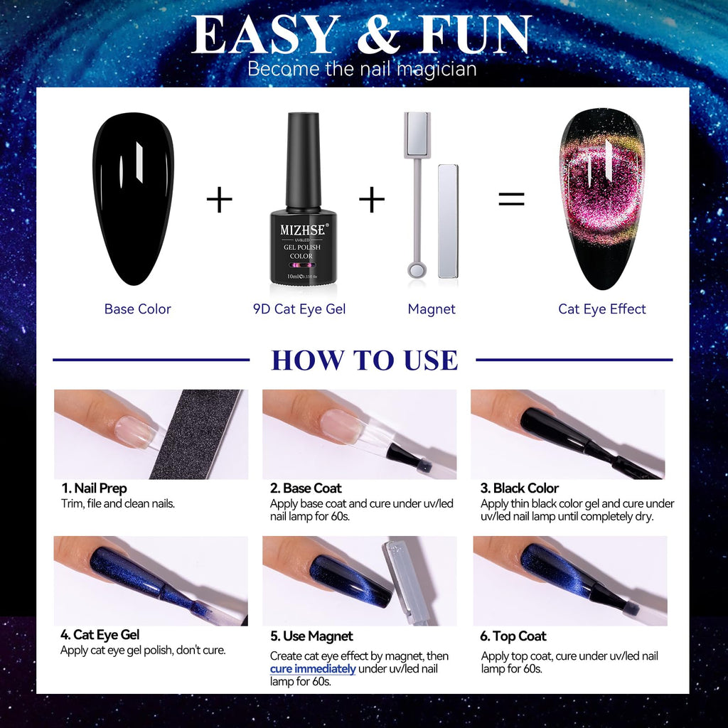 MIZHSE 60ml 9D Cat Eye Gel Nail Polish Kit – Magnetic Galaxy Effect with Black Base Coat & 2 Magnet Sticks