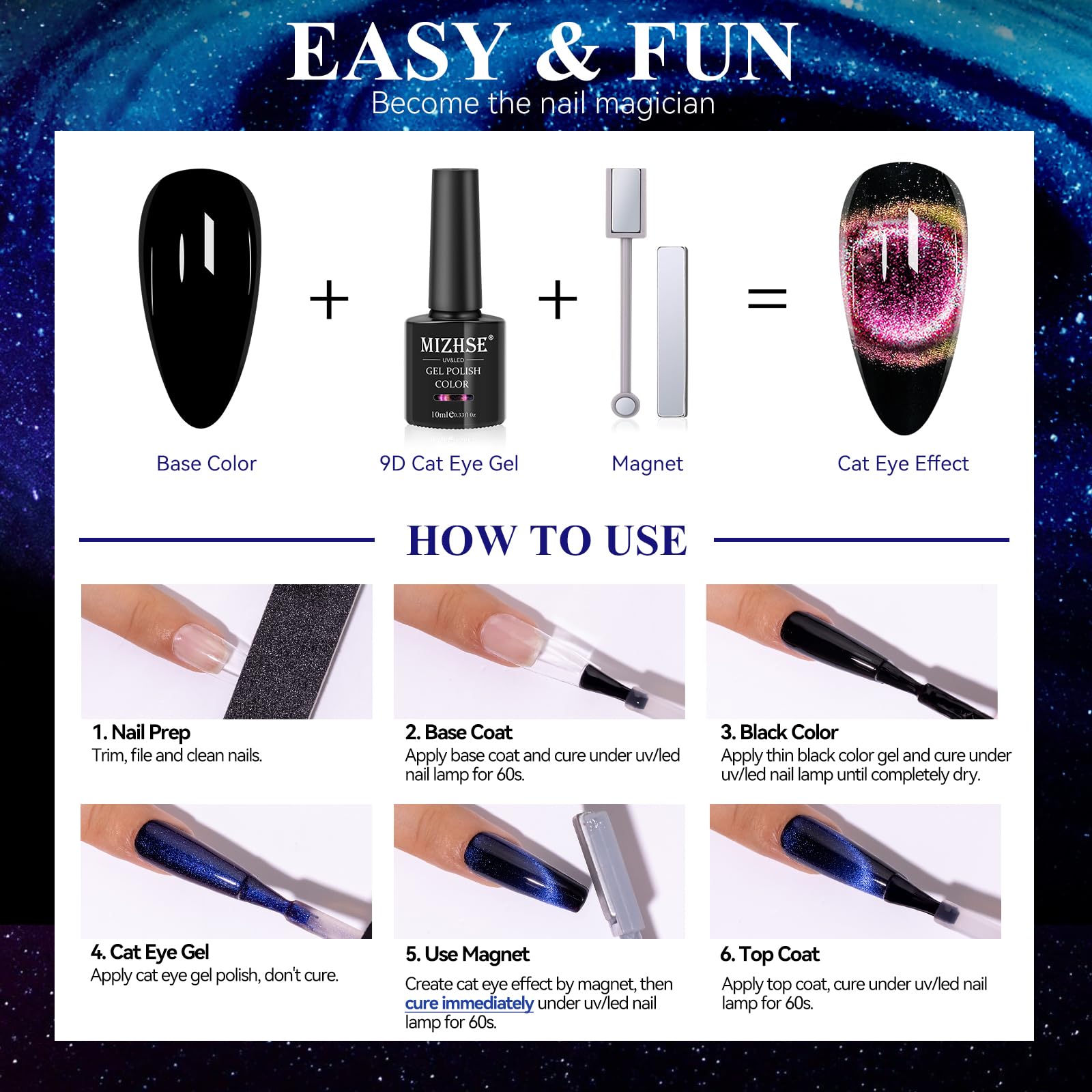 MIZHSE 60ml 9D Cat Eye Gel Nail Polish Kit – Magnetic Galaxy Effect with Black Base Coat & 2 Magnet Sticks