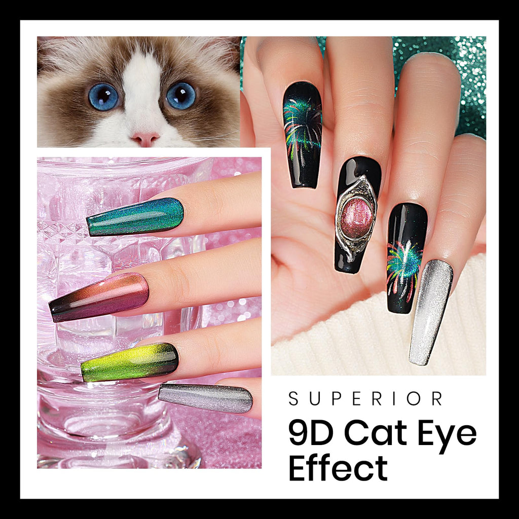 MIZHSE Cat Eye Gel Nail Polish Set - 8 Colors + Magnet Stick | 9D Cat Eye & Holographic Glitter