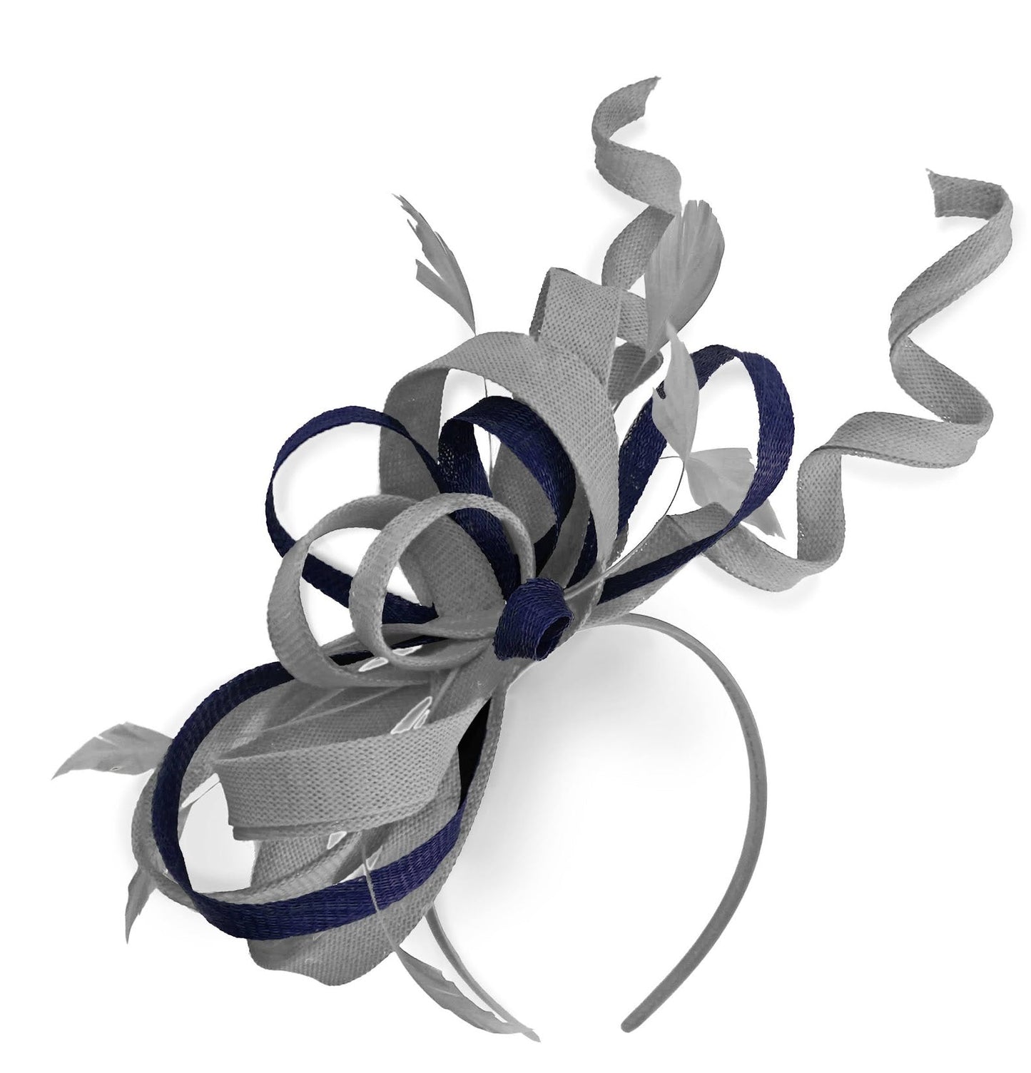 Caprilite Silver Grey and Navy Wedding Swirl Fascinator Headband Alice Band Ascot Races Loop Net