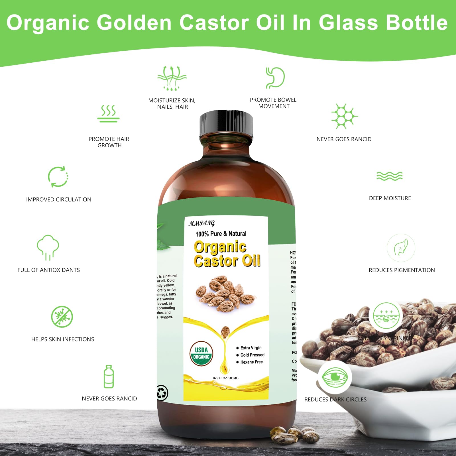 MMPANG Organic Castor Oil – 16.9oz, 100% Pure, Cold-Pressed, Hexane-Free