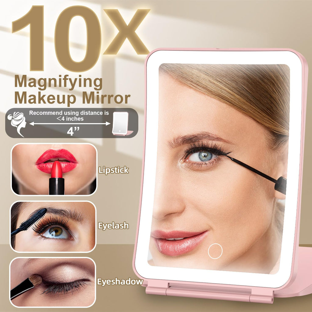 Mocado Travel Makeup Mirror with Light – 10x Magnification, 3 Color Modes, 2000mAh Battery (Pink)