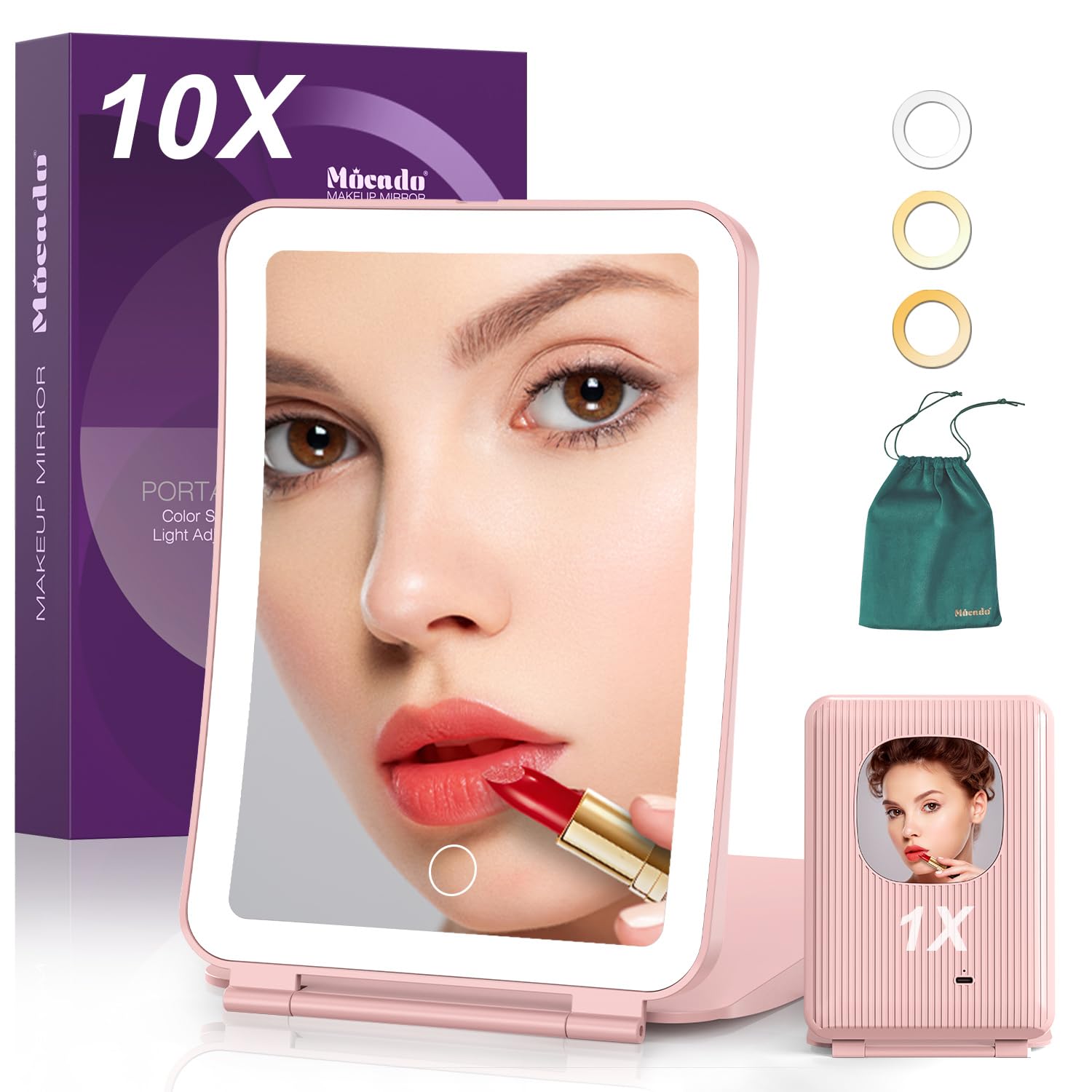 Mocado Travel Makeup Mirror with Light – 10x Magnification, 3 Color Modes, 2000mAh Battery (Pink)