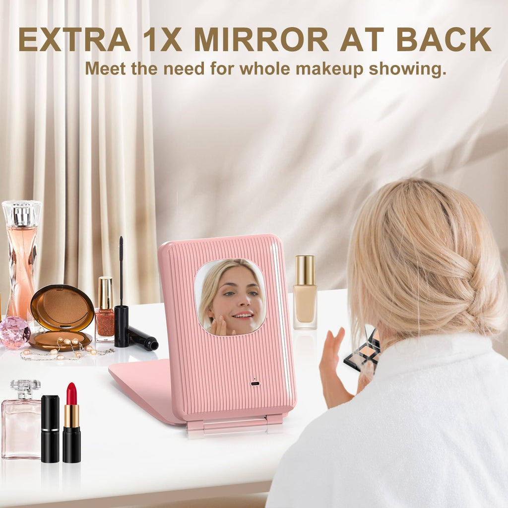 Mocado Travel Makeup Mirror with Light – 10x Magnification, 3 Color Modes, 2000mAh Battery (Pink)