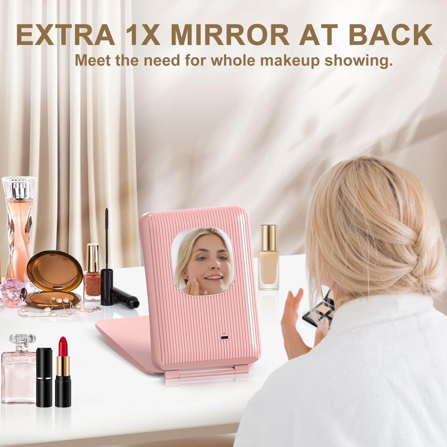 Mocado Travel Makeup Mirror with Light – 10x Magnification, 3 Color Modes, 2000mAh Battery (Pink)