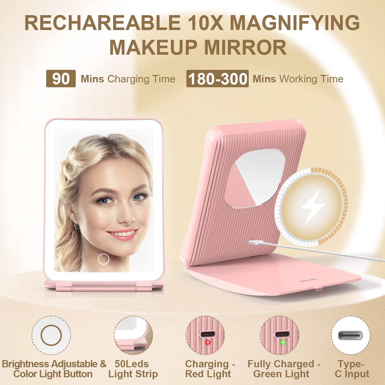 Mocado Travel Makeup Mirror with Light – 10x Magnification, 3 Color Modes, 2000mAh Battery (Pink)