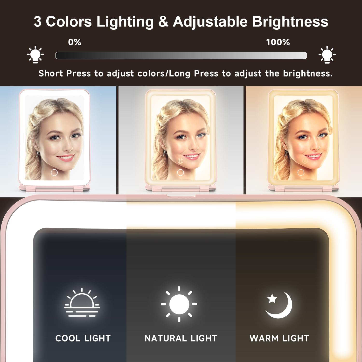 Mocado Travel Makeup Mirror with Light – 10x Magnification, 3 Color Modes, 2000mAh Battery (Pink)