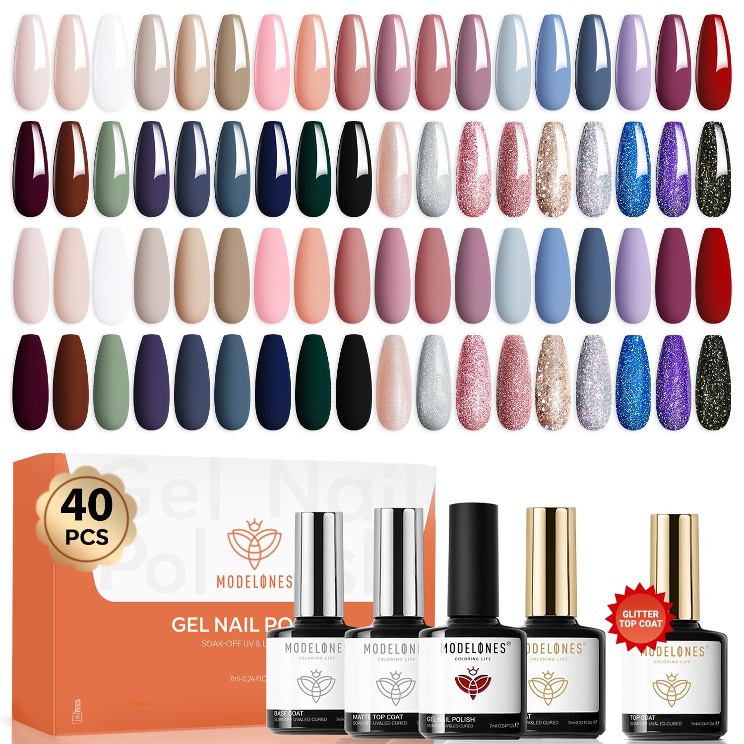 Modelones 40-Pcs Gel Nail Polish Set – 36 Colors + Base/Top Coats for DIY LED Manicure