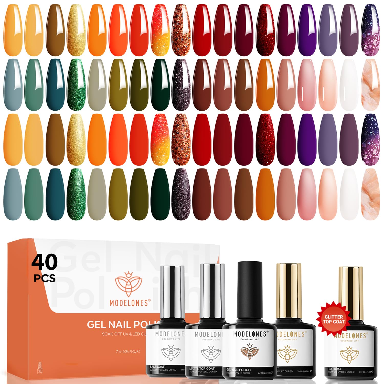 Modelones 40-Pcs Gel Nail Polish Set with Base Coat & 3 Top Coats – Vibrant Nude to Bright Colors
