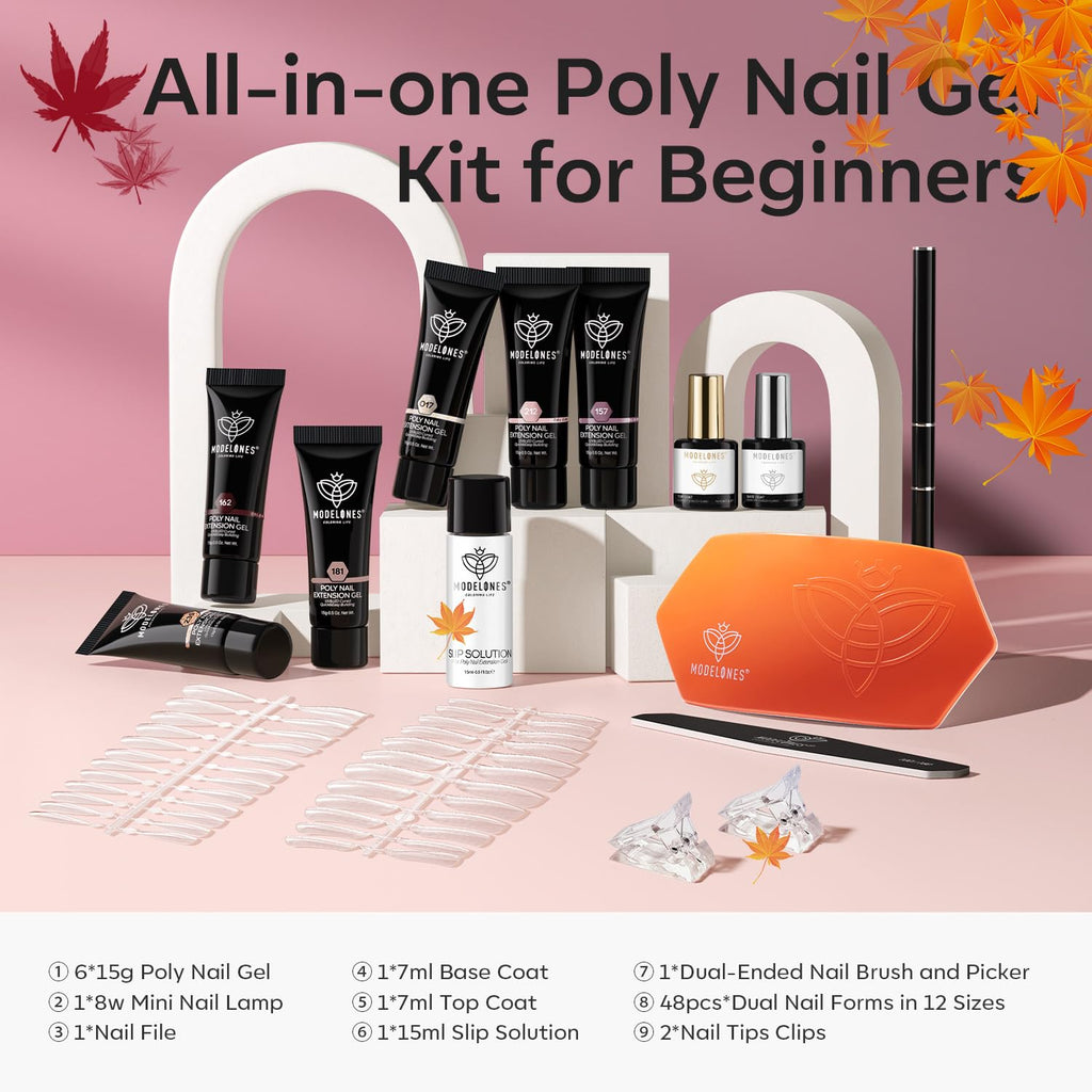 Modelones Poly Extension Gel Nail Kit — 6 Colors + 8W Lamp | Beginner DIY at Home