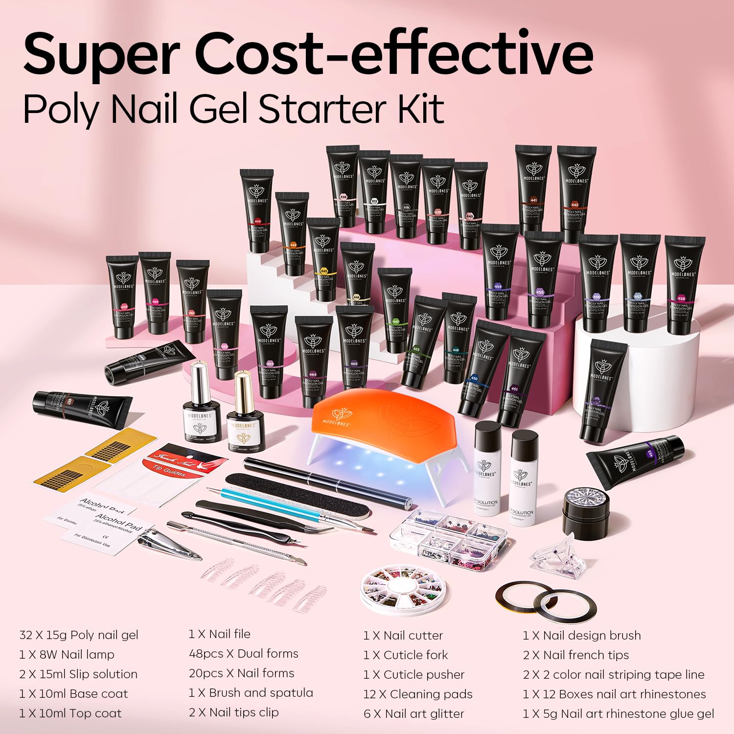 Modelones 133pcs Poly Extension Gel Nail Kit – All-Season Colors, 8W Lamp & Tools