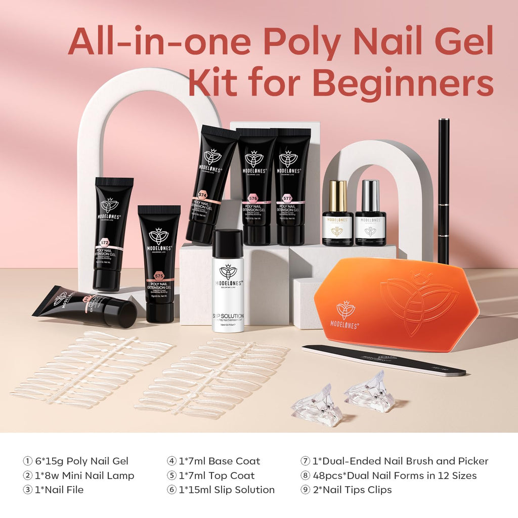 Modelones Poly Gel Nail Kit – 6 Colors + 8W Lamp for DIY Gel Nails at Home