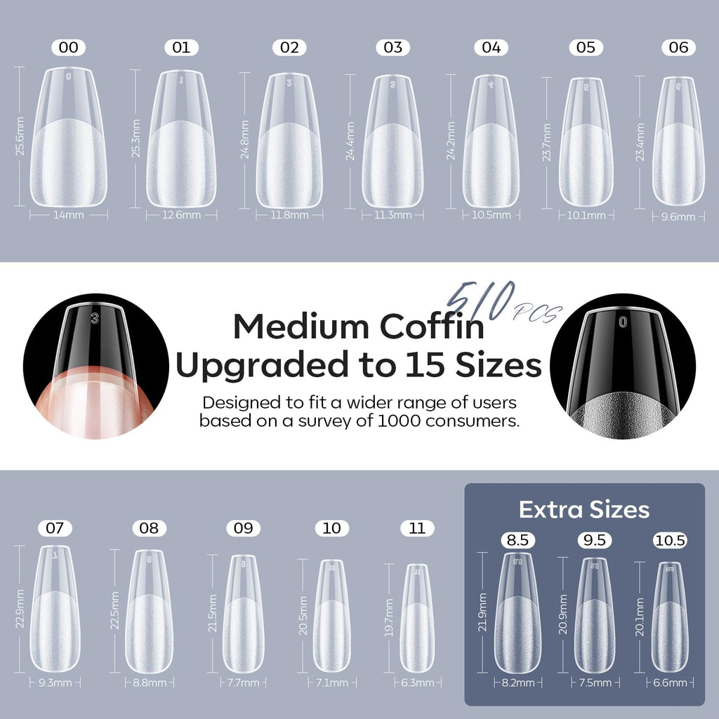 Modelones X Nail Gel Kit Medium Coffin – 510 PCS Nails, 9-in-One Glue, UV Lamp, Dehydrator, Clipper | DIY Home Salon