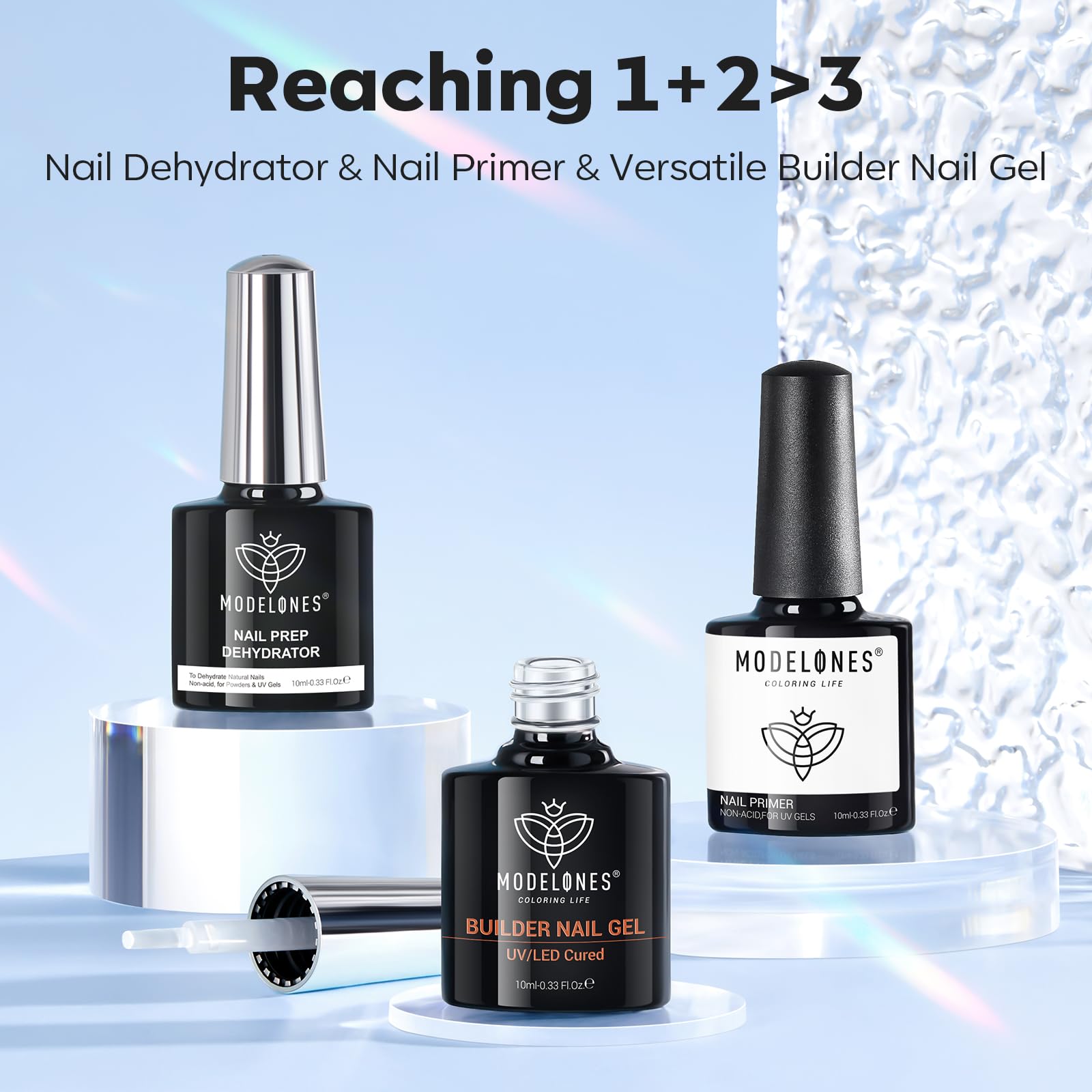 Modelones Nail Dehydrator, Primer & Builder Gel Kit – 3Pcs for Stronger, Lasting Nail Enhancements