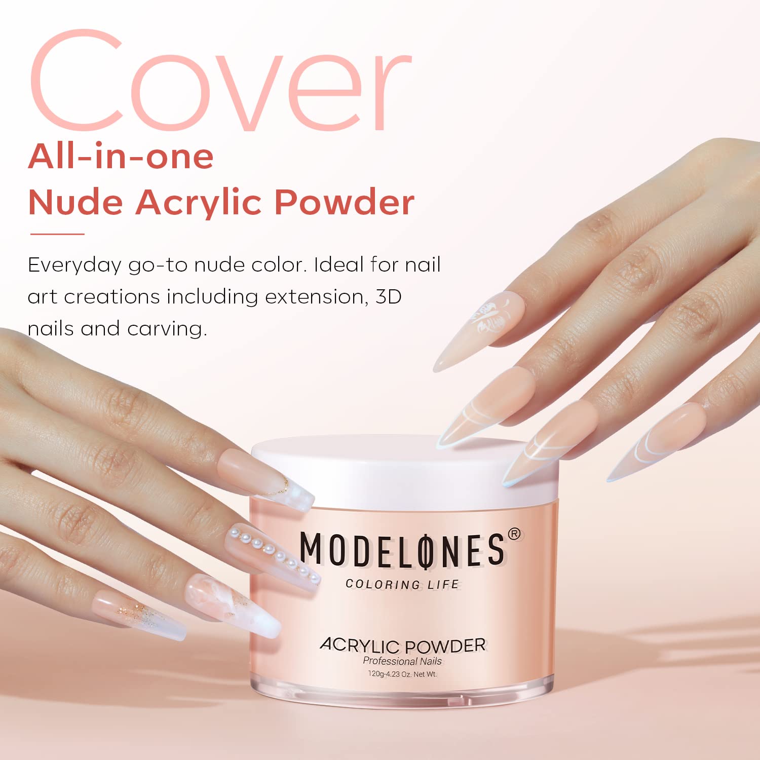 Modelones Acrylic Powder 120g Nude Blush – Large Capacity for 3D Nails & French