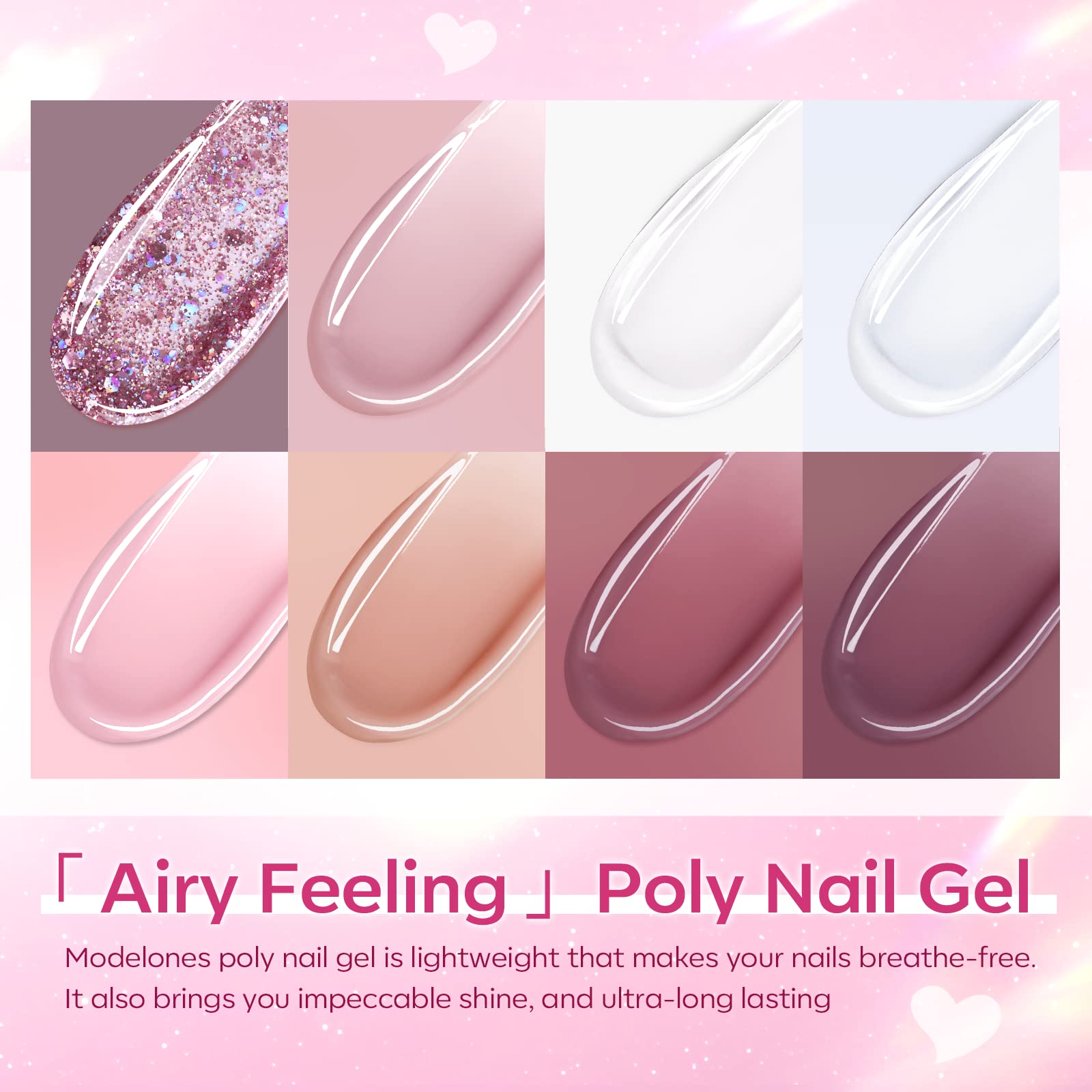 Modelones Poly Nail Gel Kit – 8 Rosy Pink Colors + 48W UV/LED Lamp