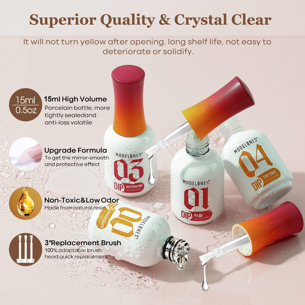 Modelones Dip Powder Liquid Set 4+4 – Base Coat, Top Coat, Activator & Brush Saver
