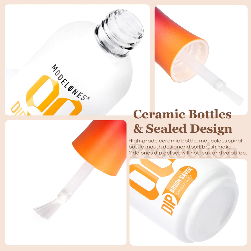 Modelones Dip Powder Liquid Set 4+4 – Base Coat, Top Coat, Activator & Brush Saver