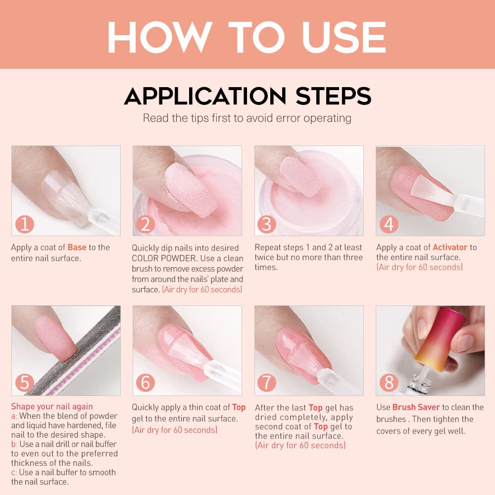 Modelones Dip Powder Liquid Set 4+4 – Base Coat, Top Coat, Activator & Brush Saver