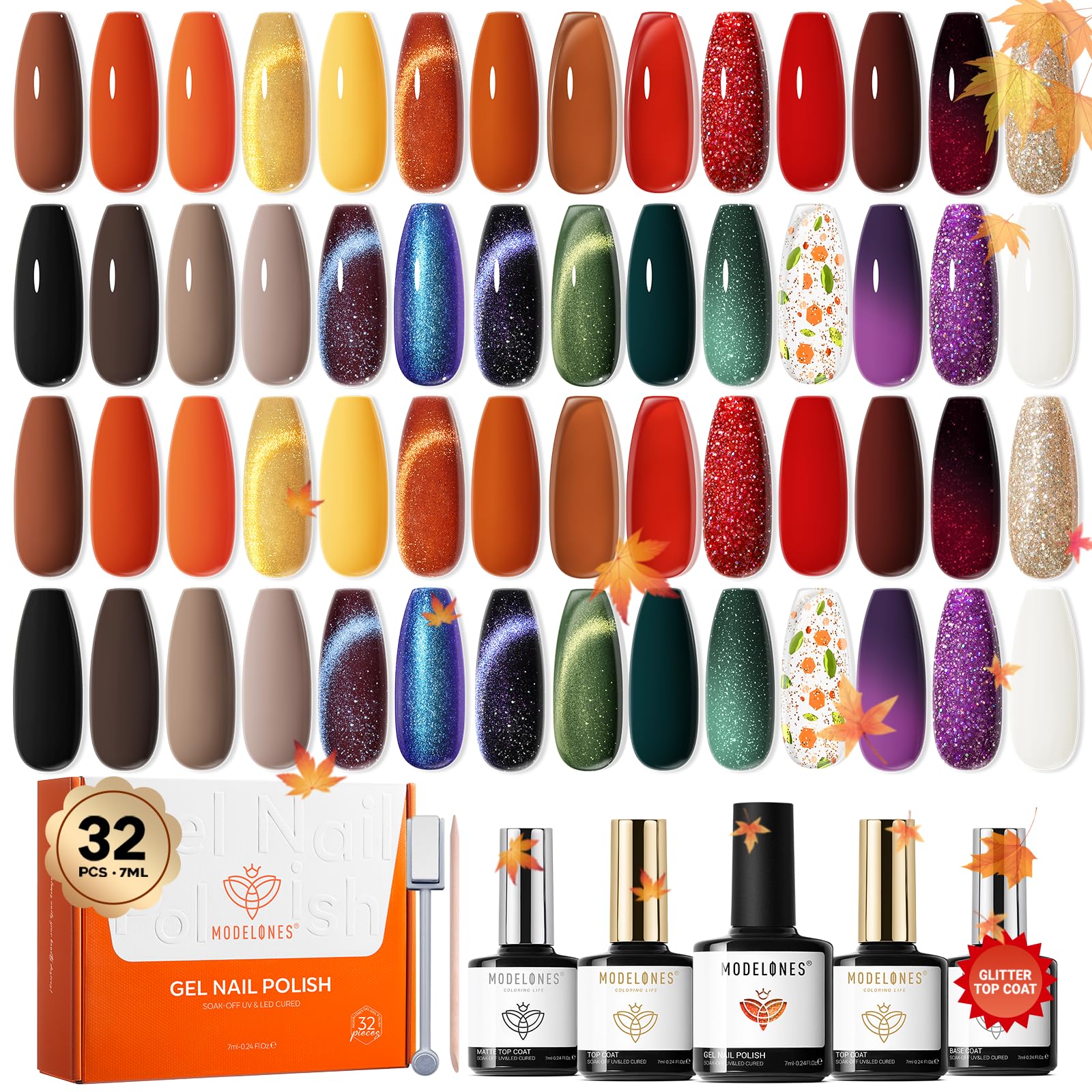 Modelones Fall Gel Nail Polish Kit — 32-Piece, 28 Colors + 4 Top Coats