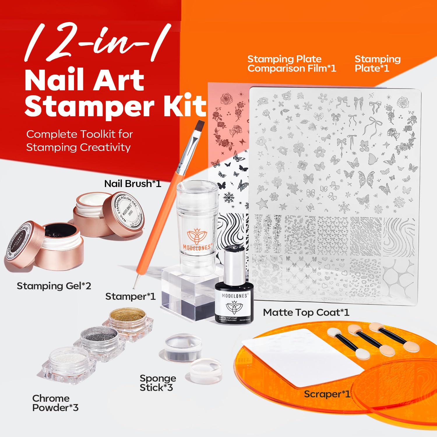 Modelones 16 PCS Gel Nail Stamping Plate Set – French Tip Kit, Chrome Powder, Matte Top Coat