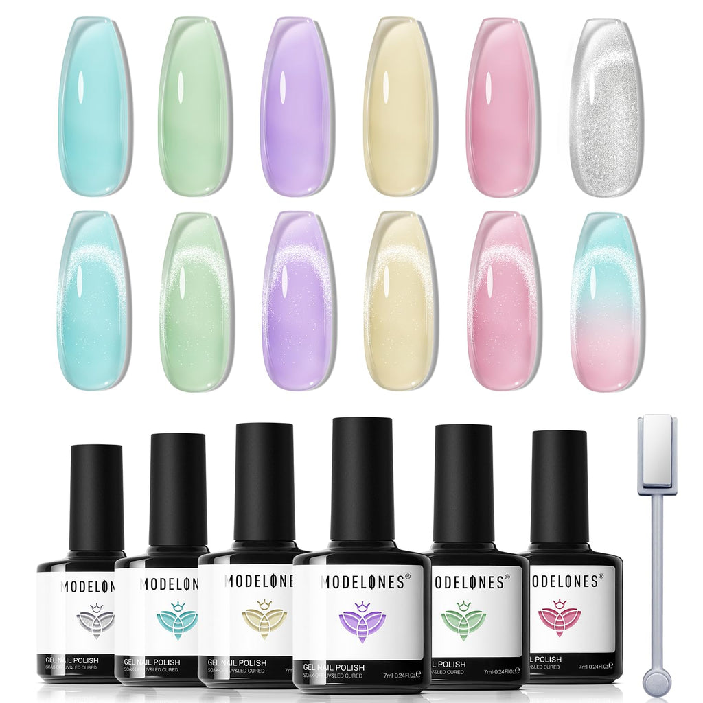 modelones Gel Nail Polish Set — 6 Colors for Spring 2026, Silver Cat Eye & Jelly Pastels
