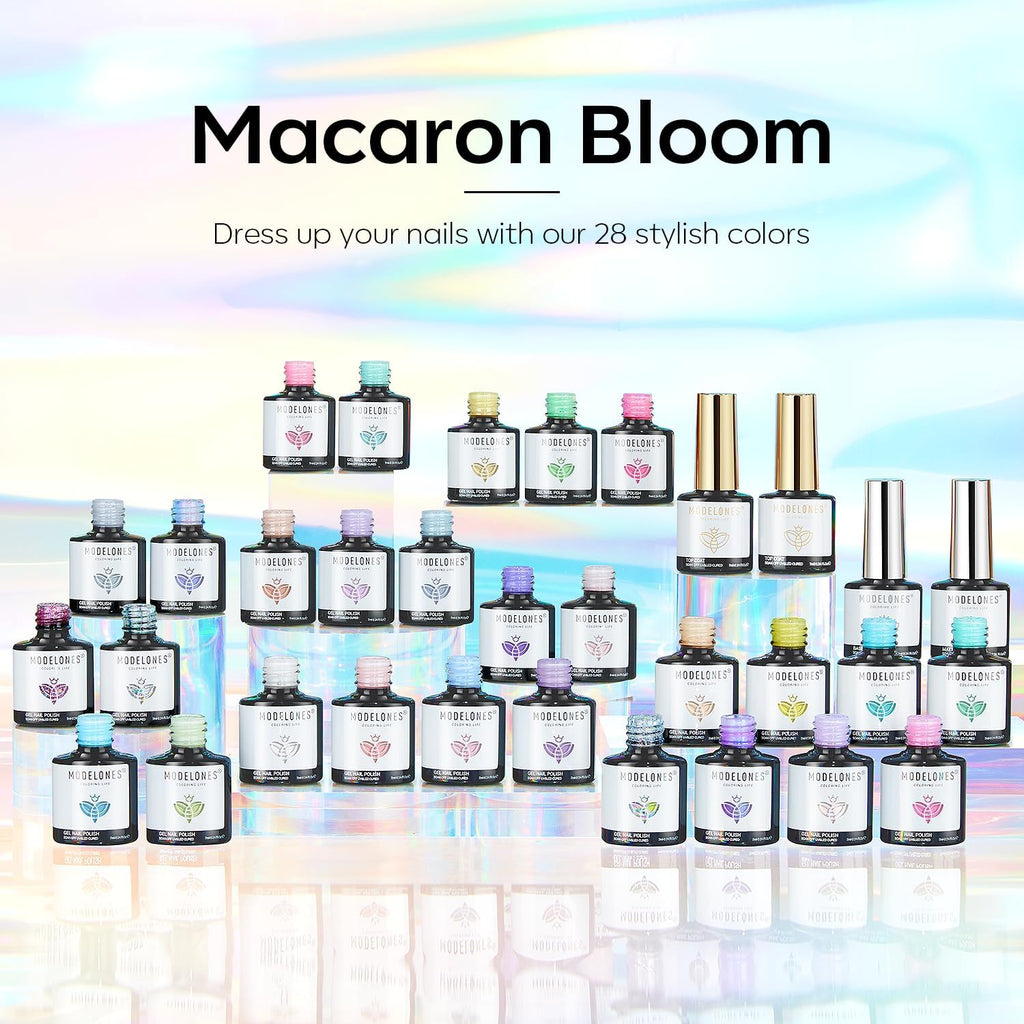 Modelones 32 PCS Spring Gel Nail Polish Set – 28 Pastel Colors + 4 Top/Base Coats (No Wipe, Glitter, Glossy, Matte) | LED Soak-Off Kit