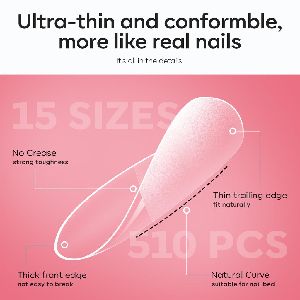 Modelones X Nail Gel Kit: 510 Short Oval Tips, 9-in-1 Glue, UV/LED Lamp
