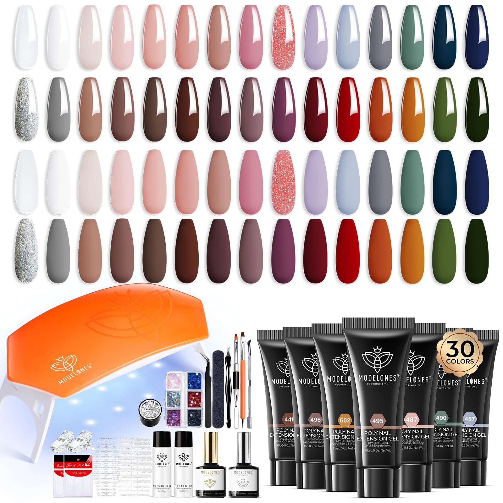 Modelones Hand to Toe Poly Nail Gel Kit — 30 Earthy Tones, Complete Extension Set