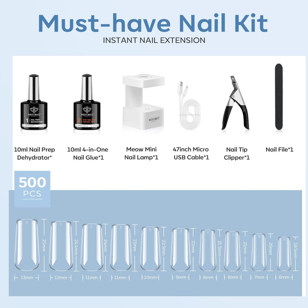 Modelones X Nail Gel Kit – 500pcs Square Tips, 9-in-1 Glue Gel, Portable UV Lamp, Home Gel Manicure Kit