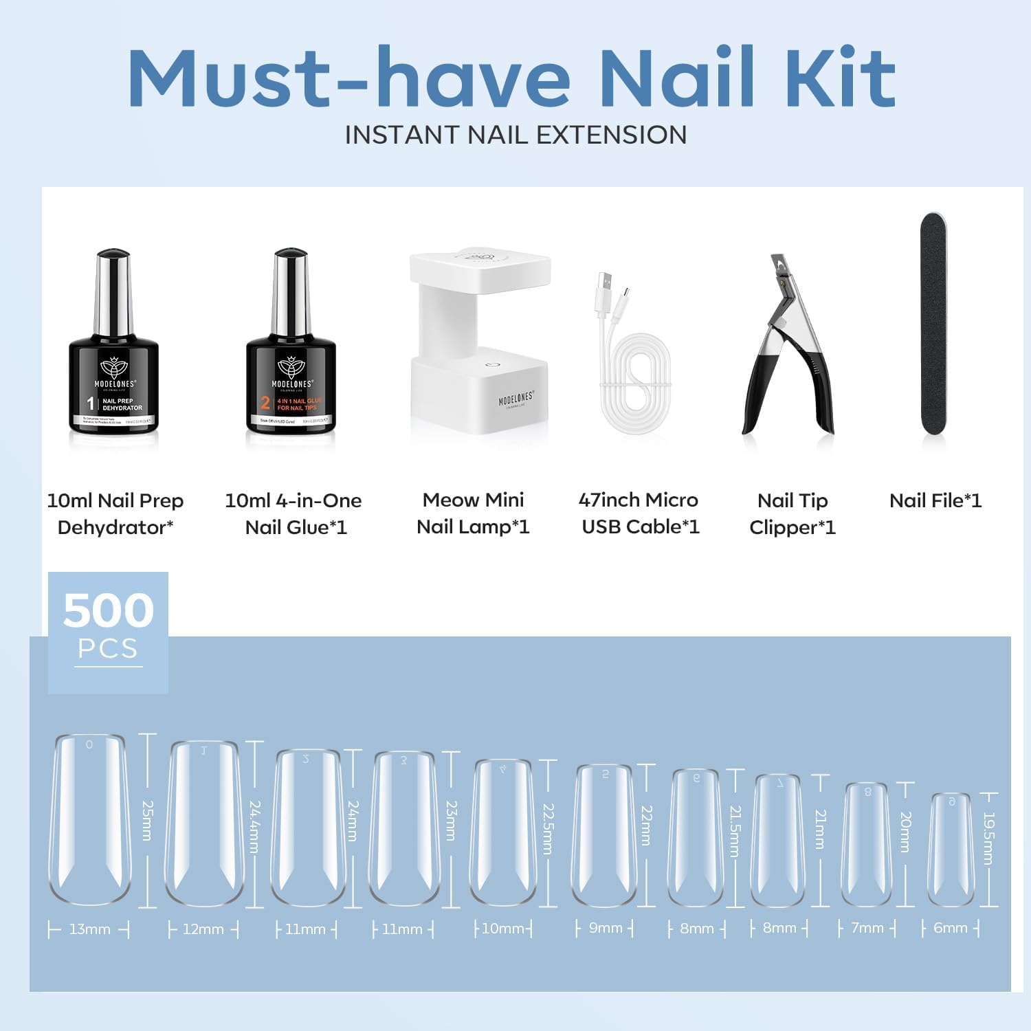 Modelones X Nail Gel Kit – 500pcs Square Tips, 9-in-1 Glue Gel, Portable UV Lamp, Home Gel Manicure Kit