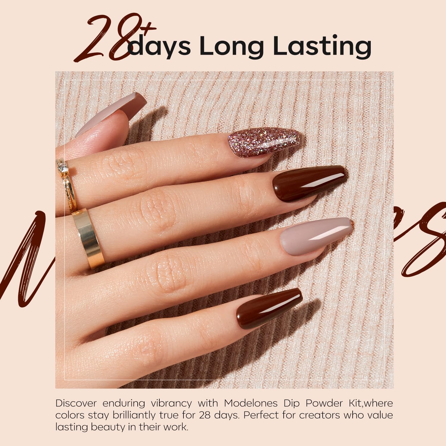 Modelones Dip Powder Nail Kit – 4 Colors Beige, Brown & Glitter with Liquid & Complete Accessories
